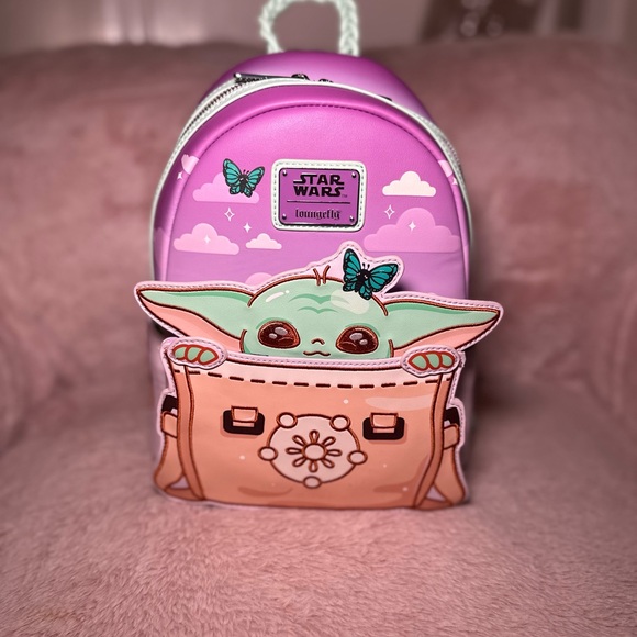 Loungefly Handbags - Loungefly Star Wars Pink Backpack with Baby Yoda and Butterflies